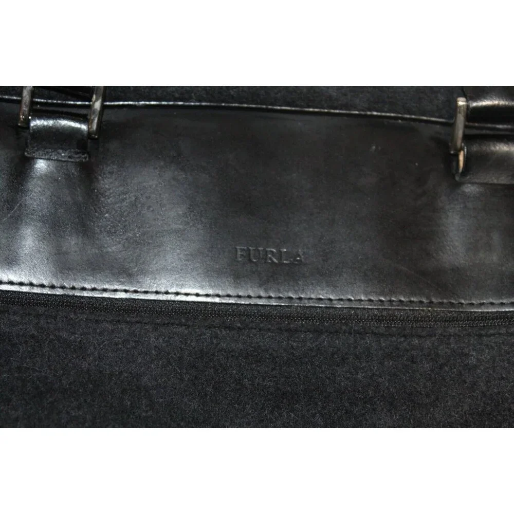 Furla Gray Wool Black Leather Weekender Bag Double Handle Travel Overnite Large